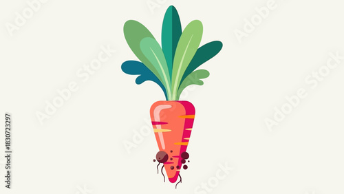 Vibrant and Fresh Cartoon Carrot Illustration with Green Leaves and Earthy Roots - A Wholesome Vegetable Graphic for Healthy Eating Concepts
