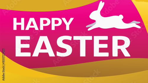 Dynamic 3d bunny silhouette leaping joyfully over vibrant bold colorful abstract shapes and lines