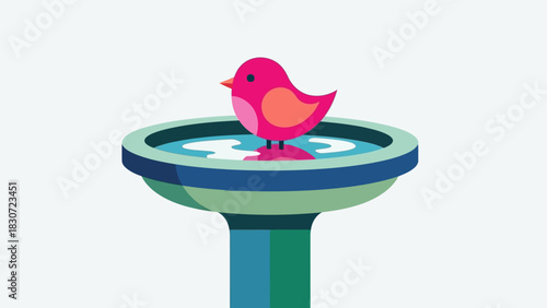 Illustration of a Bird Taking a Bath in a Birdbath
