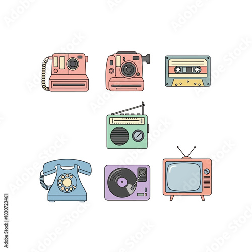 Retro technology collection: A vibrant medley of nostalgic gadgets offering a vintage charm