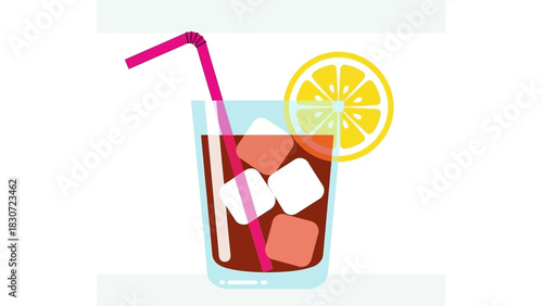 Refreshing Drink Illustration A Glass of Ice-Cold Beverage with Lemon and a Straw for a Cool Summer