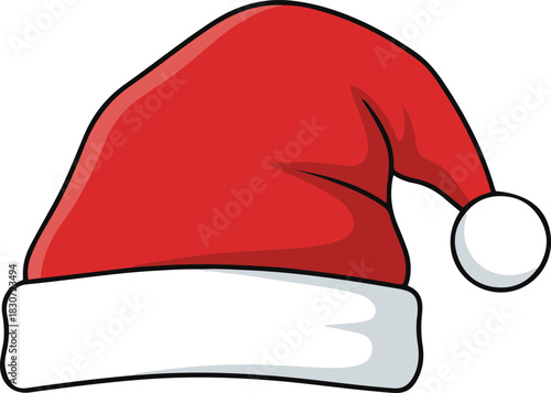 A classic cartoon illustration of a red Santa Claus hat with a white fluffy brim and pom-pom,