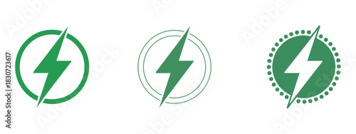 Green lightning bolts symbolizing electricity, energy, charging, renewable power, eco-friendly battery, and sustainable technology illustrations