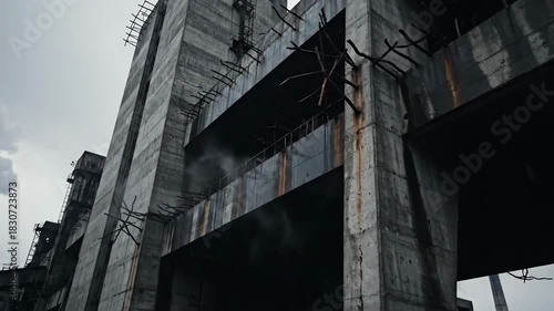 Industrial Era Structure, Atmospheric Concrete Building and Smoky Polluted Skies Captured
