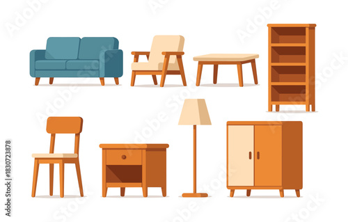 Living room furniture set, flat vector illustration, chair, sofa, cabinet designs