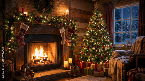 Cozy Christmas Fireplace and Tree with Snowy Window View