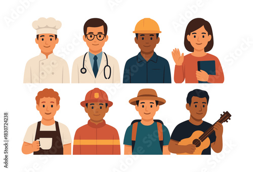 Diverse professions vector illustration, flat style, worker, doctor, chef, musician