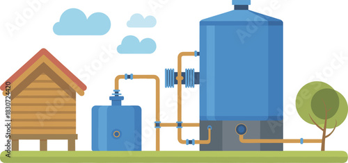 Modern rural water supply system with storage tanks, pump connection, pipeline structure, small wooden house and clean environment illustration