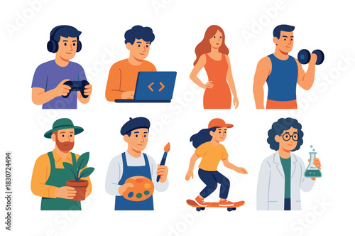 Diverse people and hobbies, flat vector illustration with activities and interests