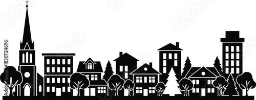 Suburban or Small Town Skyline Silhouette Vector Illustration, Charming Neighborhood Panorama with Church, Residential Houses, and Trees, Community and Real Estate Background Graphic