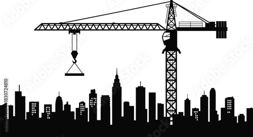 Tower Crane Silhouette Over a Modern City Skyline, Illustrating Urban Development, Construction Industry, Real Estate Investment, and Building Progress.