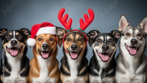 Festive holiday celebration with adorable dogs wearing seasonal accessories