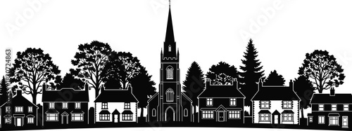 Traditional English Village Silhouette Vector Panorama, Featuring Church Steeple and Residential Houses Surrounded by Trees, Black and White Rural Community Landscape Illustration.