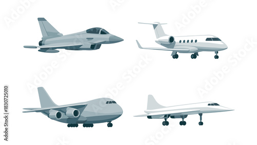 Airplane and jet collection, airliner and fighter, flat vector illustration