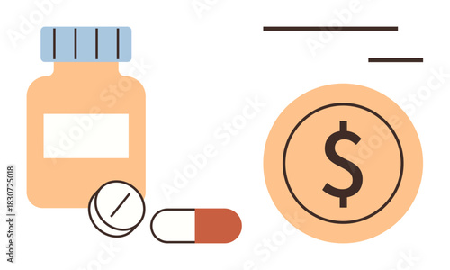 Pill container with tablets, capsule, and dollar coin emphasizing medication pricing and cost-related themes. Ideal for healthcare, finance, insurance, budget, economy pharmacy wellness. Simple