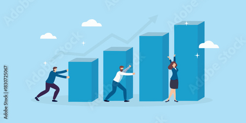 Teamwork and growth business success concept with people pushing upwards bars