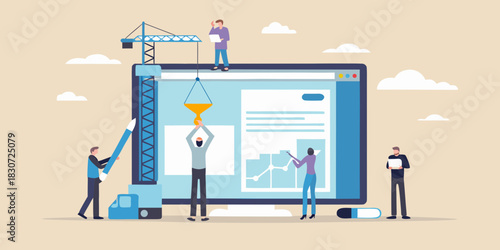 Team collaborating on website development and data analysis with crane and tools