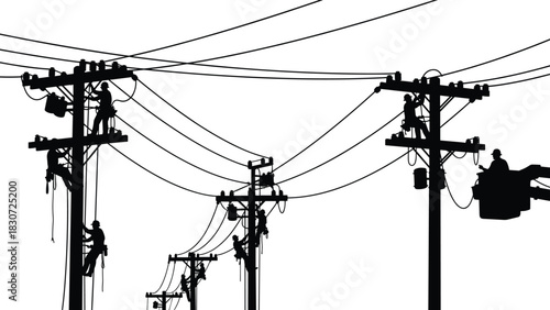 Utility Linemen Working on Electric Power Poles Silhouette Maintenance and Repair of Electrical Transmission Lines in Black and White Vector Graphic.