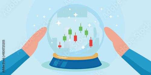 Hands holding a crystal ball showing stock market candlestick chart predictions