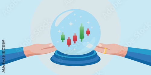 Crystal ball showing stock market candlestick chart and hands holding it