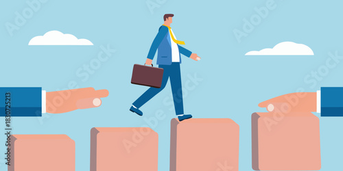 Businessman walking up steps supported by helping hands