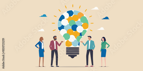 Diverse team collaborating on a bright idea represented by a colorful lightbulb