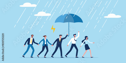 Teamwork and protection under umbrella during stormy weather