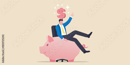 Businessman riding a piggy bank with a dollar sign above his head