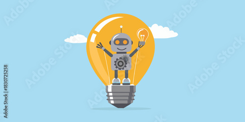 Robot holding a lightbulb inside a larger lightbulb representing an idea