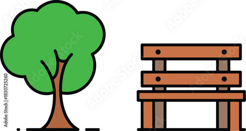 Simple vector illustration of park tree and wooden bench, minimal outdoor nature icon design, clean modern style graphic for public space