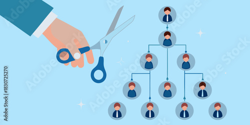 Hand with scissors cutting organizational chart