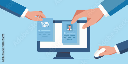 Hands selecting candidates and now hiring notice on computer screen