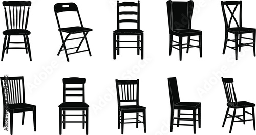 Various Chairs Silhouettes Vector Set, Different Furniture Types Including Folding, Dining, and Antique Seat Icons, Black Monochrome Objects for 