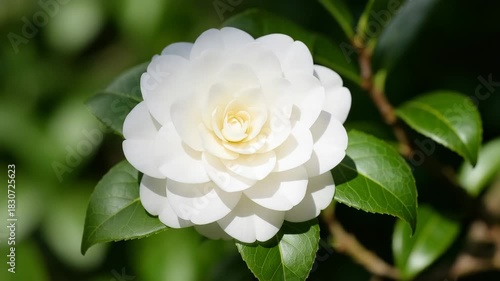 Close-up of a white camellia flower blooming with soft petals and lush green leaves against a blurred natural background illuminated by warm sunlight throughout various stages