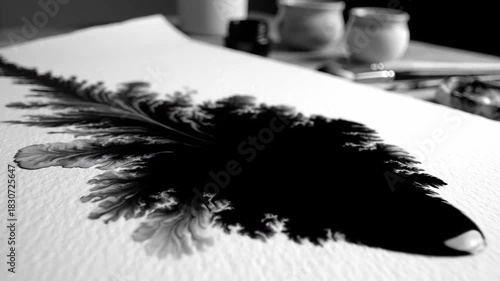 Ink Spill Expanding across Paper Surface, Fluid and Abstract Monochrome Art Design