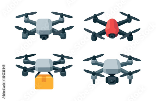 Drone vector illustration set, drones in flat vector style, delivery and technology