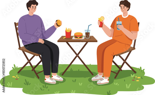Outdoor picnic scene with friends enjoying fast food burgers, fries, refreshing drinks, casual dining, summer lifestyle, social gathering, leisure time, nature