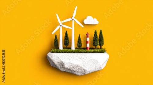 Wind power landscape featuring wind turbines, trees, and lighthouse on floating island