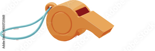 Orange whistle with blue lanyard, sports referee tool, safety equipment, emergency signal device, training accessory, outdoor gear, alert icon, vector illustration
