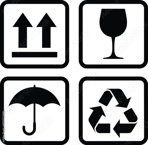 packaging symbol icons, fragile keep dry recycle, this side up signs, shipping safety graphics, black square label vector set
