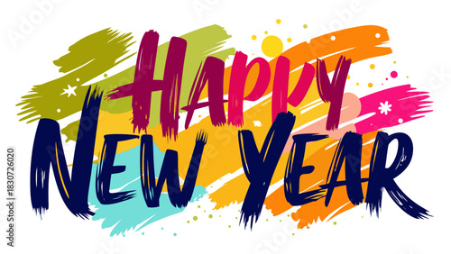 Colorful abstract brush strokes and confetti celebrate happy new year in bold lettering