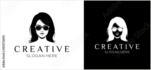 Two versions of a logo depicting a woman's face with sunglasses, one in black on white and one in white on black.