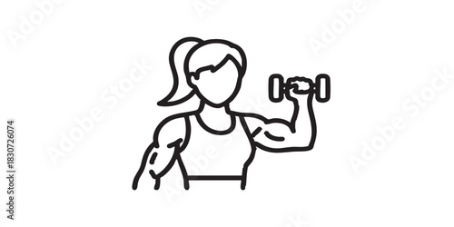 Woman lifting small dumbbell thin line icon, body building concept. Vector graphics. Girl with arm muscles, training sign on white background, style icon mobile or web design.