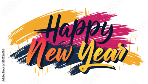 Vibrant and energetic brush stroke design celebrating happy new year with bold typography and festive colors
