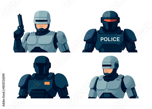 Robotic police officer, armor, helmet, futuristic tech, flat vector illustration