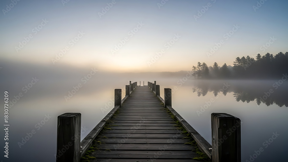 Obraz premium Wooden pier stretching into a mysterious misty lake at tranquil dawn light