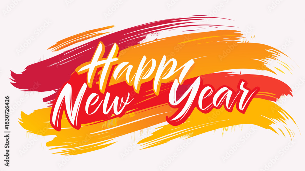 Obraz premium Vibrant abstract brush strokes in red orange and yellow with happy new year text