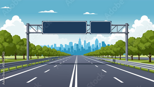 Clean vector illustration of a straight, empty highway road leading to a downtown city silhouette under a blue sky, with a blank sign for custom text