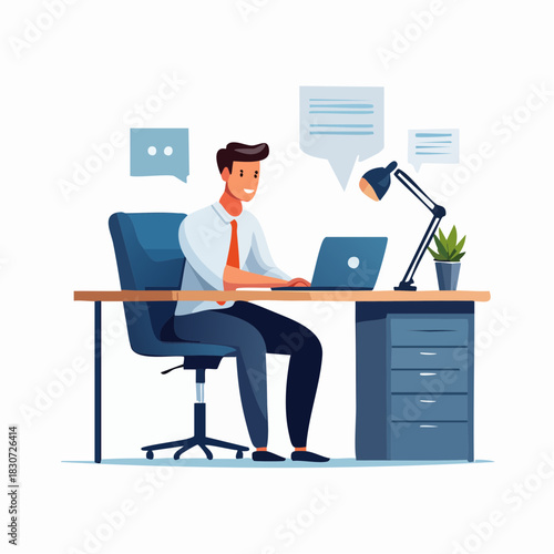 Focused Workspace: A well-appointed office setup featuring a desk, laptop, and attentive individual, a scene that speaks to productivity and efficiency.