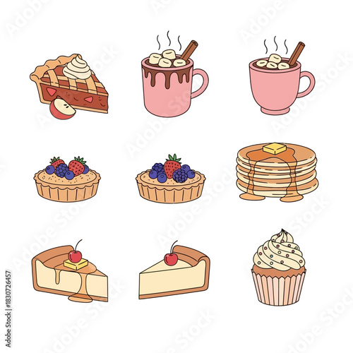 A delightful array of cartoon desserts and warm beverages invoking sweetness and joy